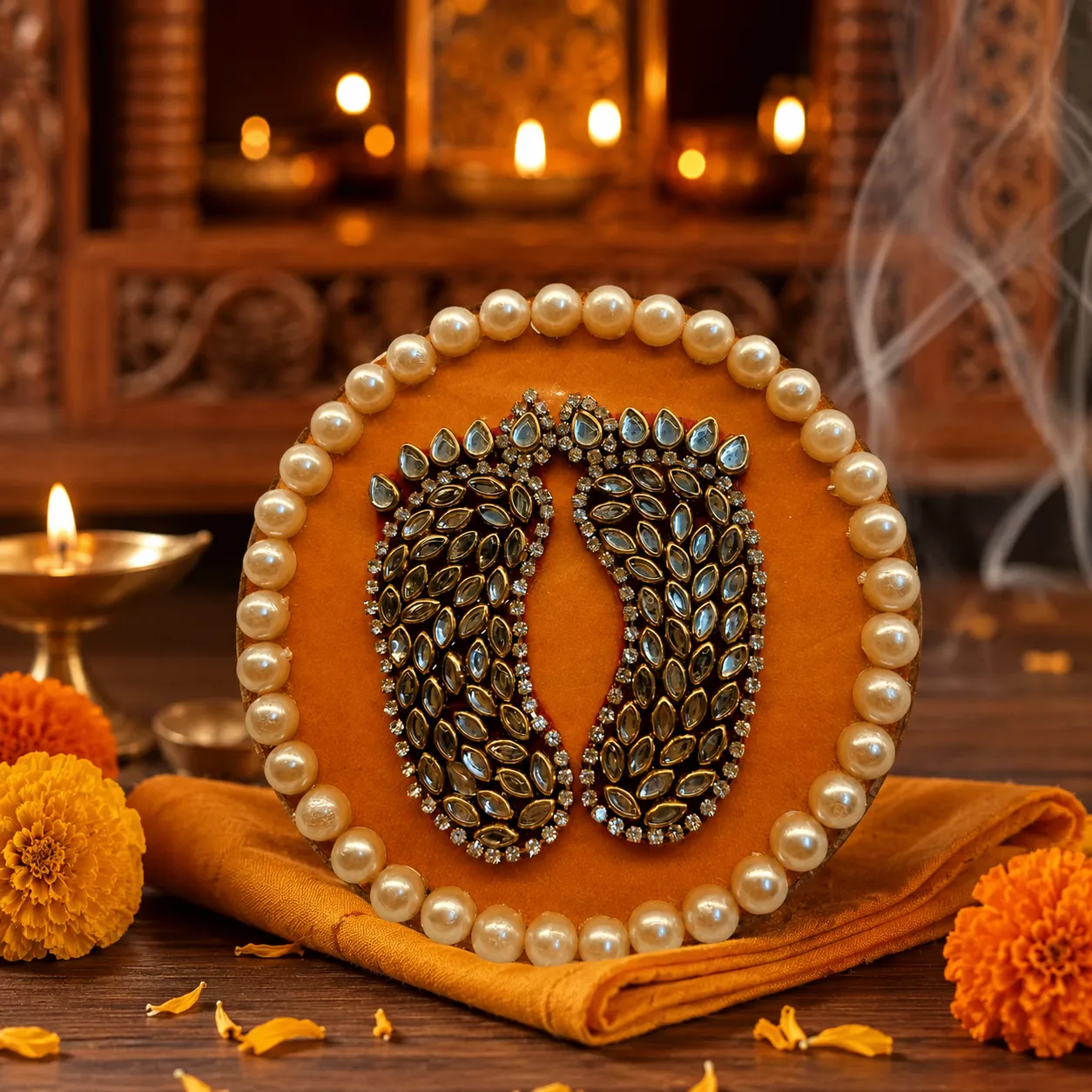 Handcrafted Shree Charan Paduka with Pearl Base – Decorative Puja & Spiritual Home Décor