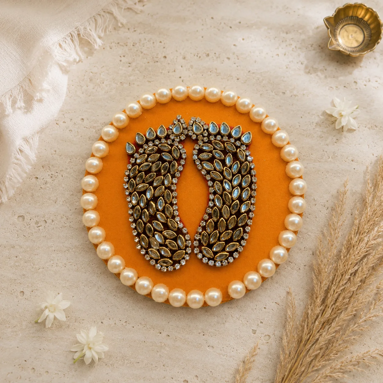 Handcrafted Shree Charan Paduka with Pearl Base – Decorative Puja & Spiritual Home Décor