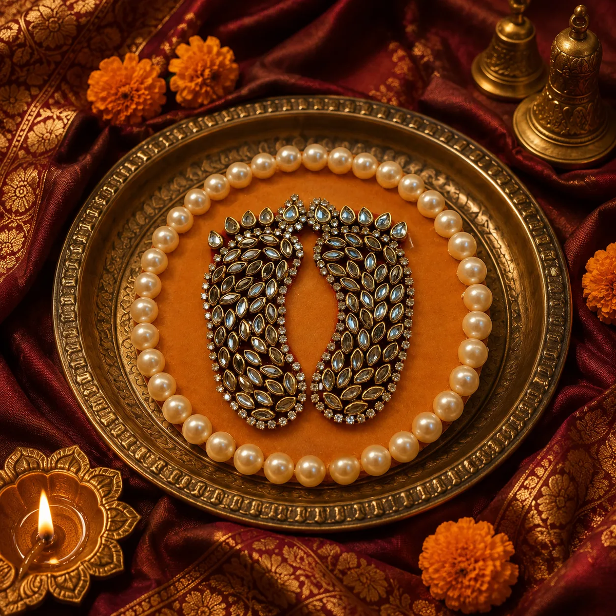Handcrafted Shree Charan Paduka with Pearl Base – Decorative Puja & Spiritual Home Décor