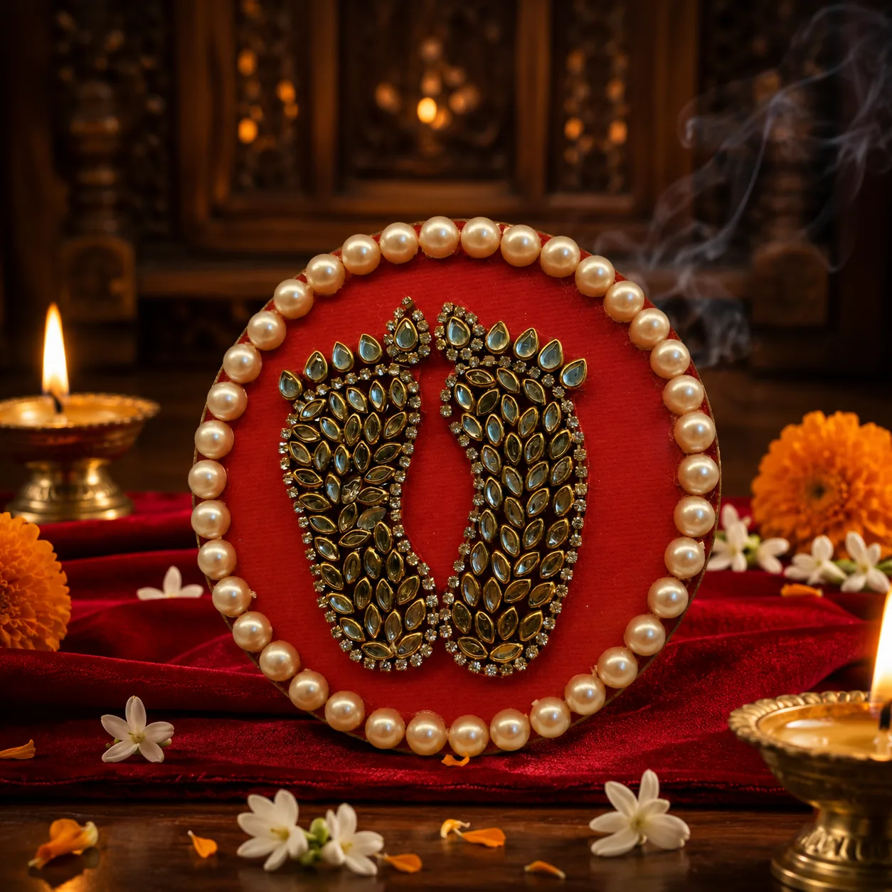 Handcrafted Shree Charan Paduka with Pearl Base – Decorative Puja & Spiritual Home Décor