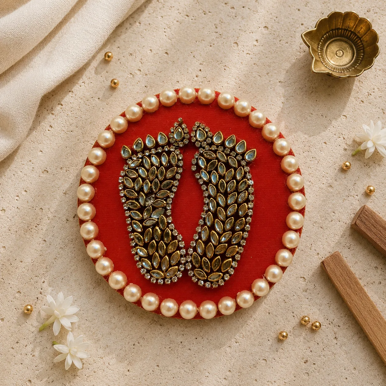 Handcrafted Shree Charan Paduka with Pearl Base – Decorative Puja & Spiritual Home Décor