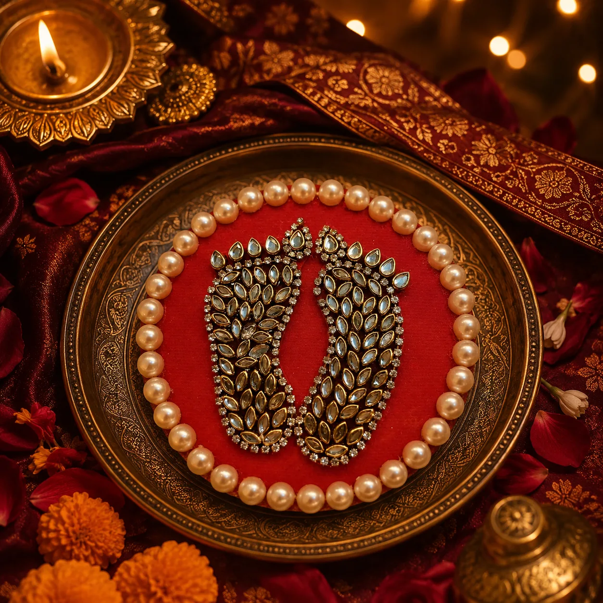 Handcrafted Shree Charan Paduka with Pearl Base – Decorative Puja & Spiritual Home Décor