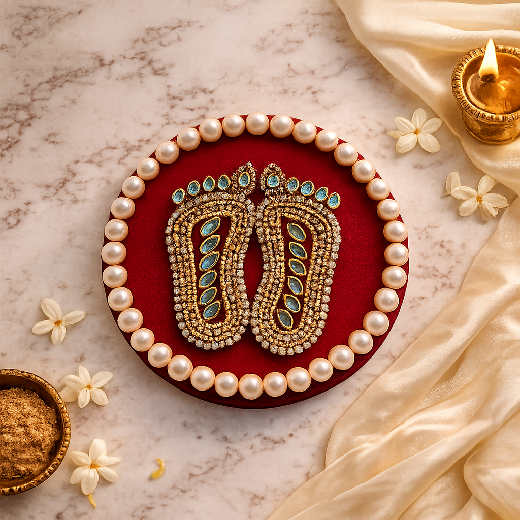 Handcrafted Shree Charan Paduka with Pearl Base – Decorative Puja & Spiritual Home Décor