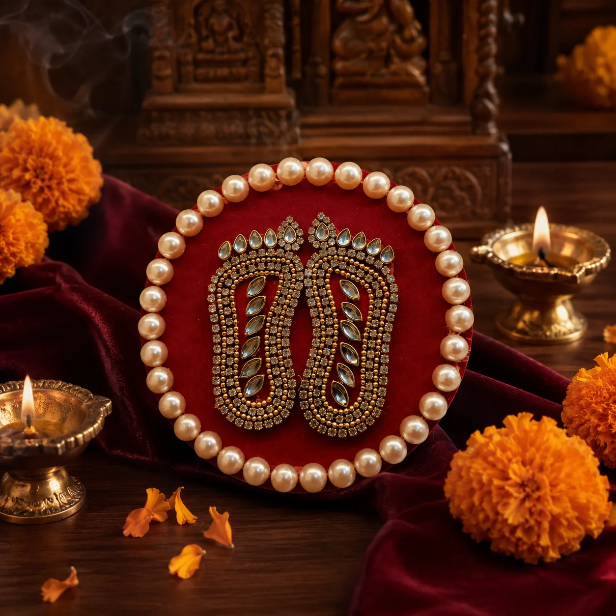 Handcrafted Shree Charan Paduka with Pearl Base – Decorative Puja & Spiritual Home Décor