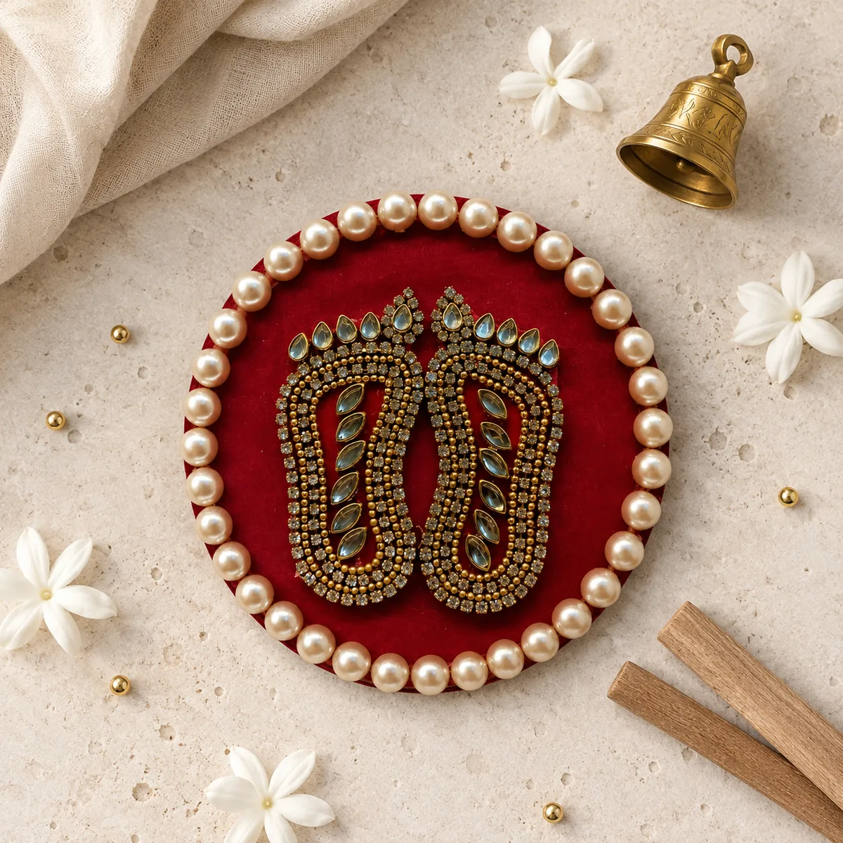 Handcrafted Shree Charan Paduka with Pearl Base – Decorative Puja & Spiritual Home Décor