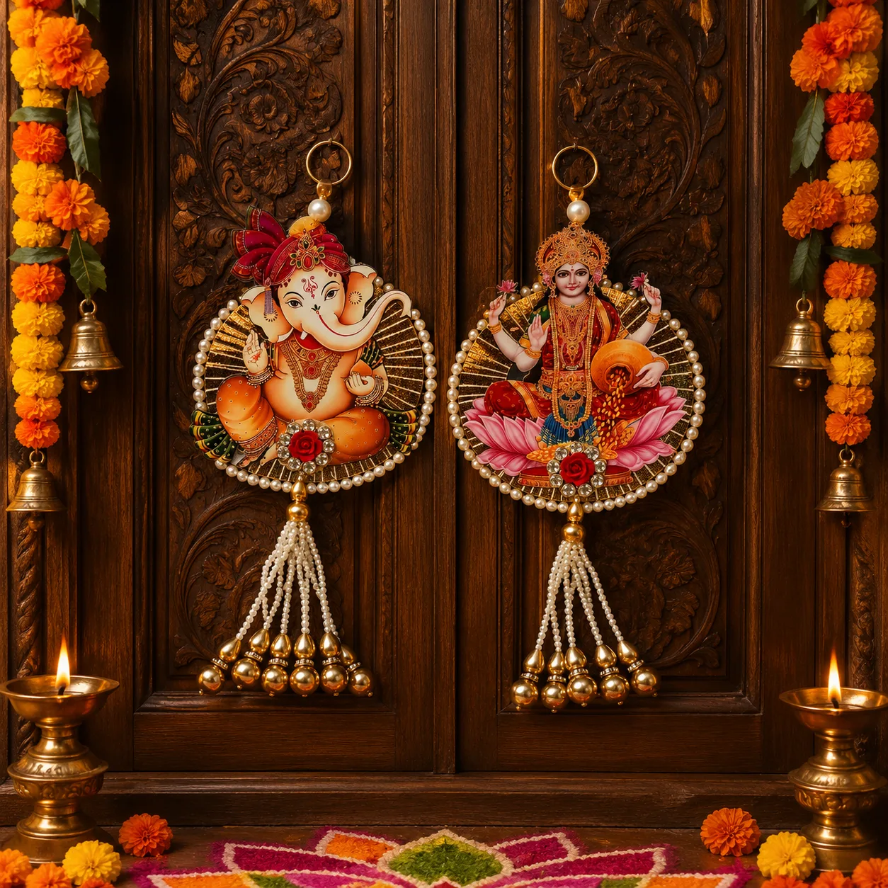 Handmade Shubh Labh Ganesha & Goddess Lakshmi Door Hanging Set – Auspicious Festive Home Décoor
