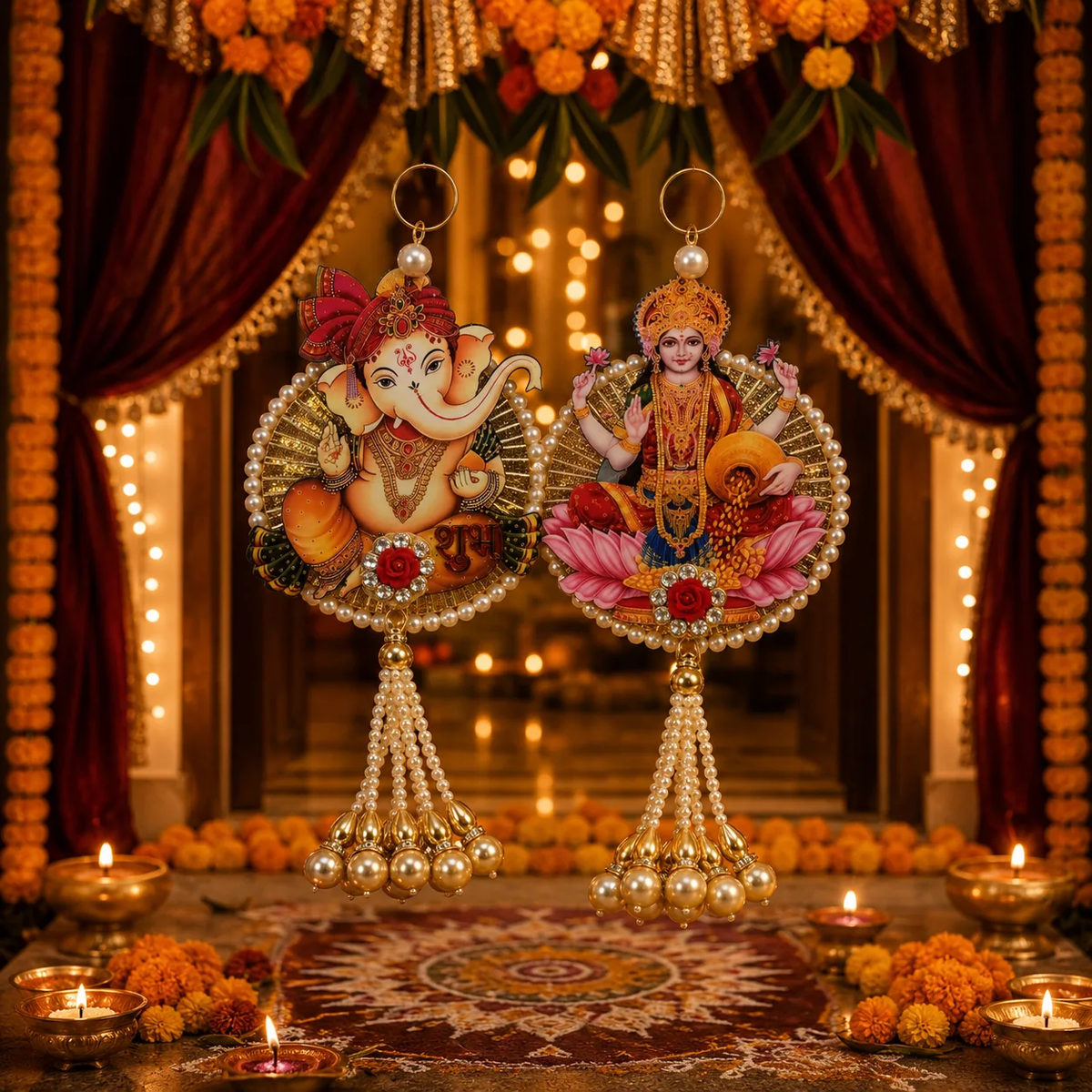 Handmade Shubh Labh Ganesha & Goddess Lakshmi Door Hanging Set – Auspicious Festive Home Décoor