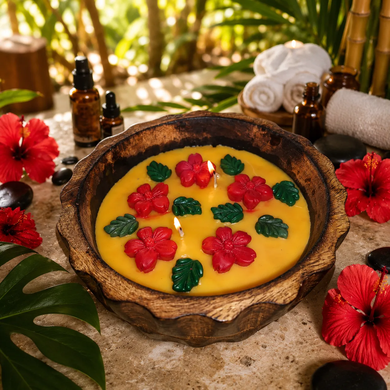 Hibiscus Bloom Soy Wax Candle in Rustic Wooden Urli