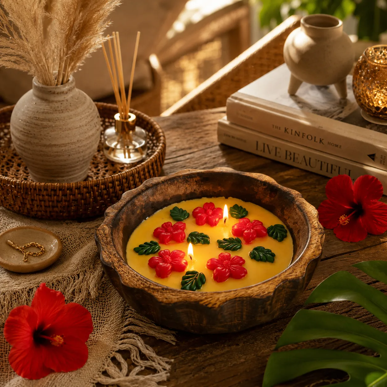 Hibiscus Bloom Soy Wax Candle in Rustic Wooden Urli