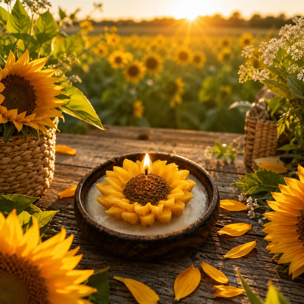Sunflower Soy Wax Candle in Wooden Urli