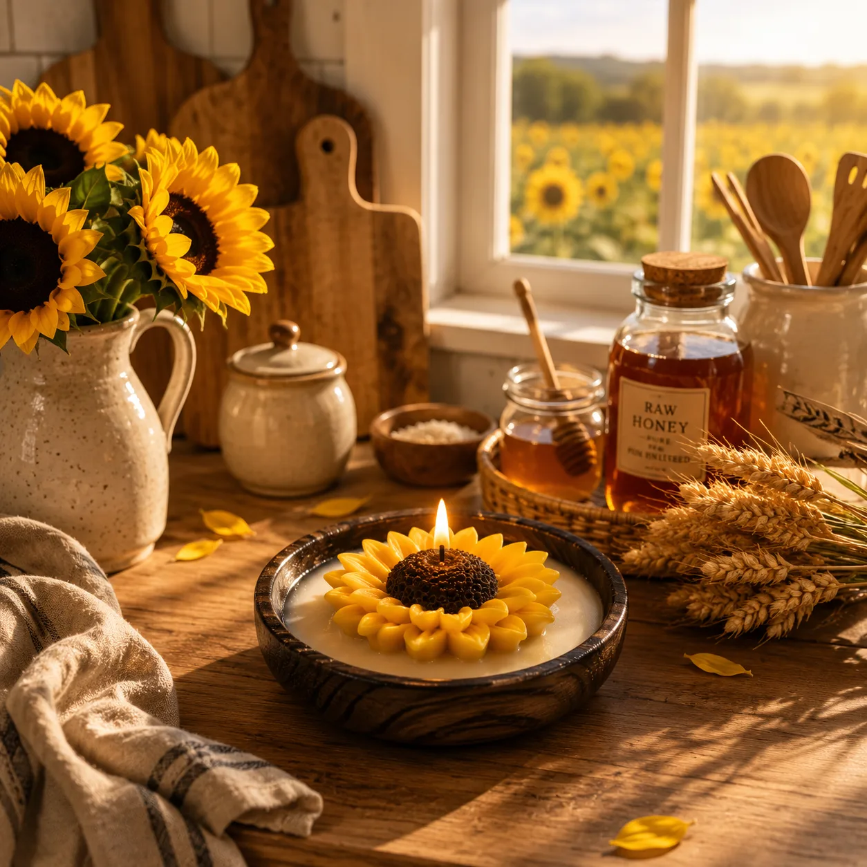 Sunflower Soy Wax Candle in Wooden Urli