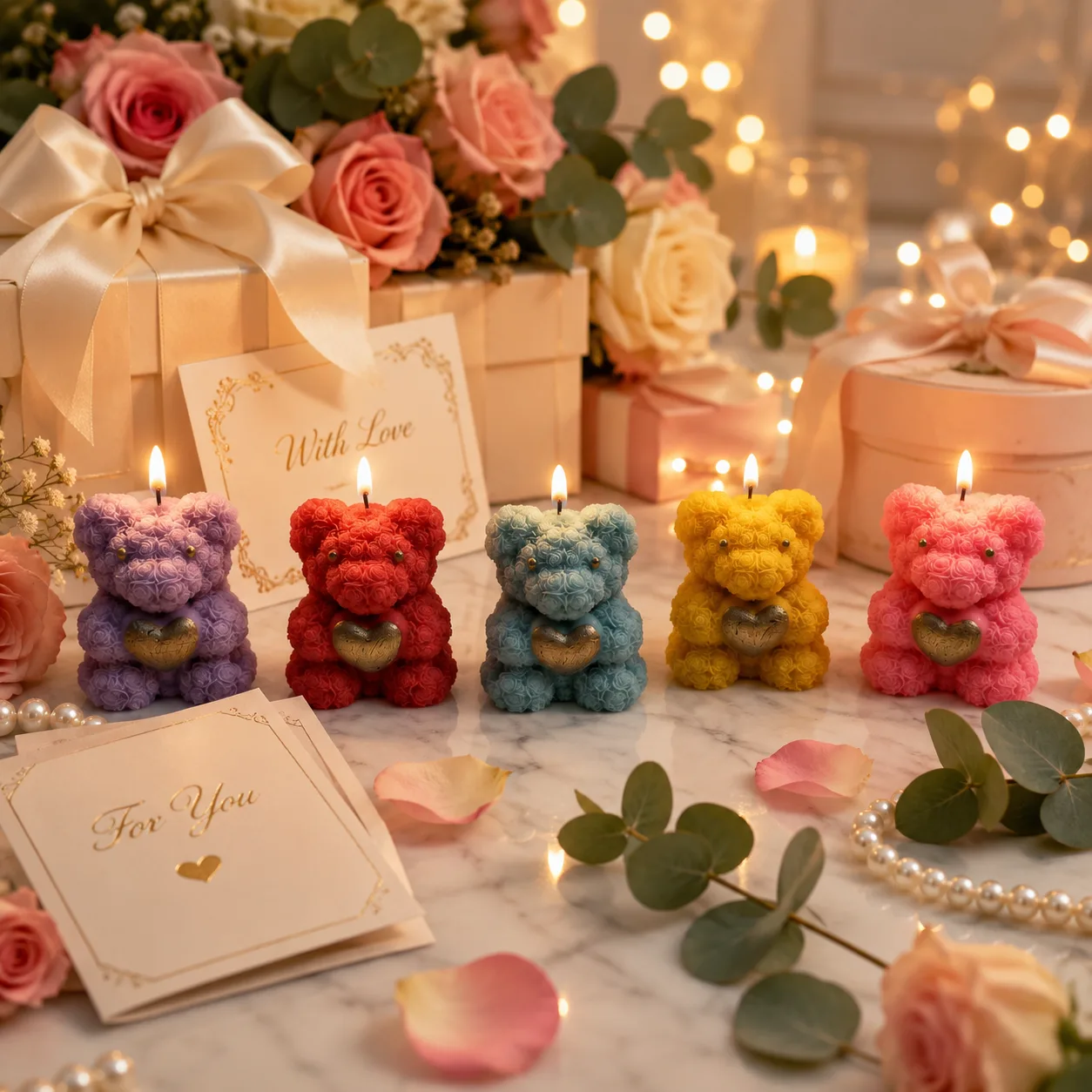 Handmade Teddy Bear Scented Soy Wax Candle with Heart 2pcs