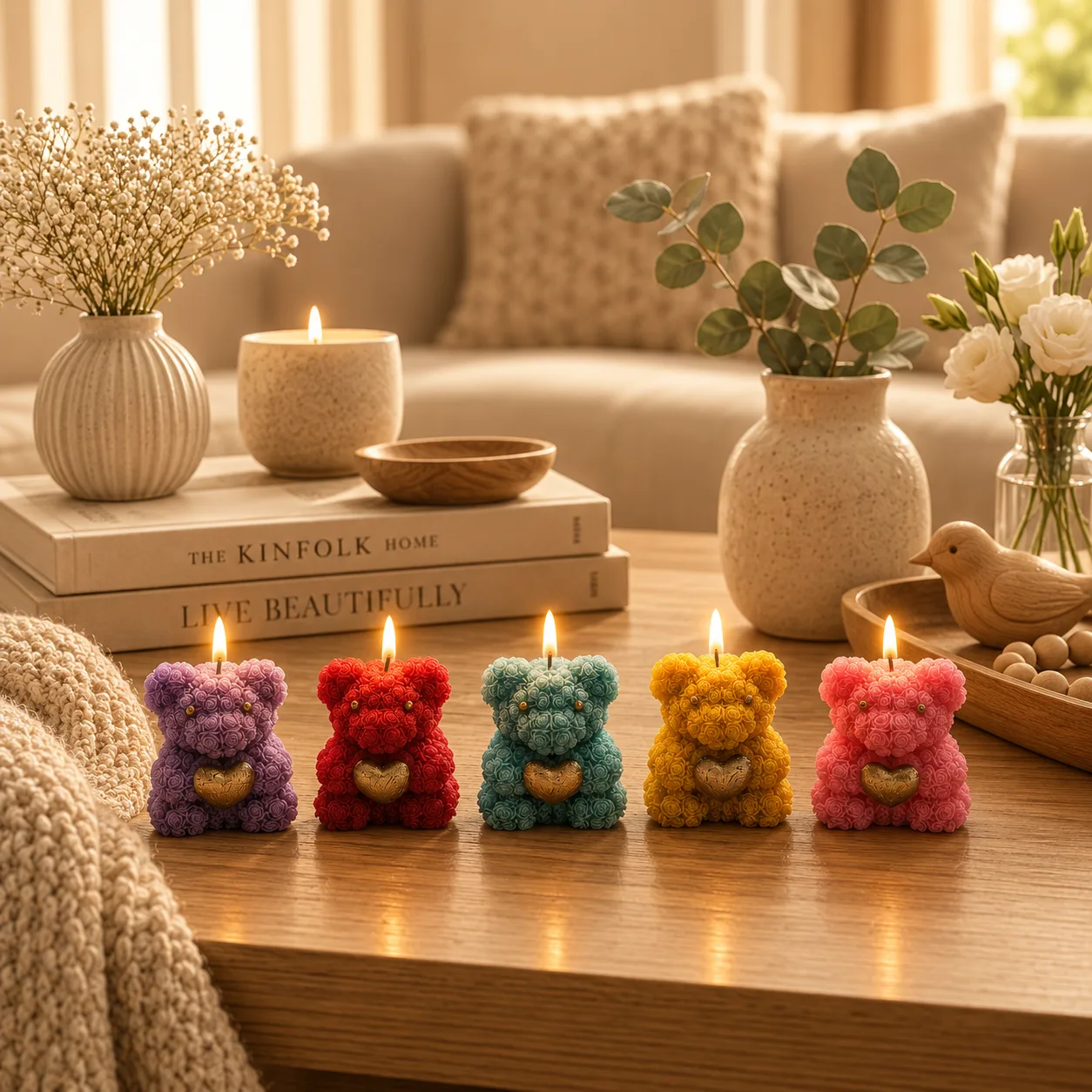 Handmade Teddy Bear Scented Soy Wax Candle with Heart 2pcs