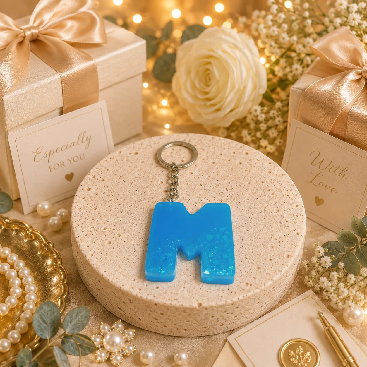 Handmade Blue Resin Letter "M" Initial Keychain with Glitter