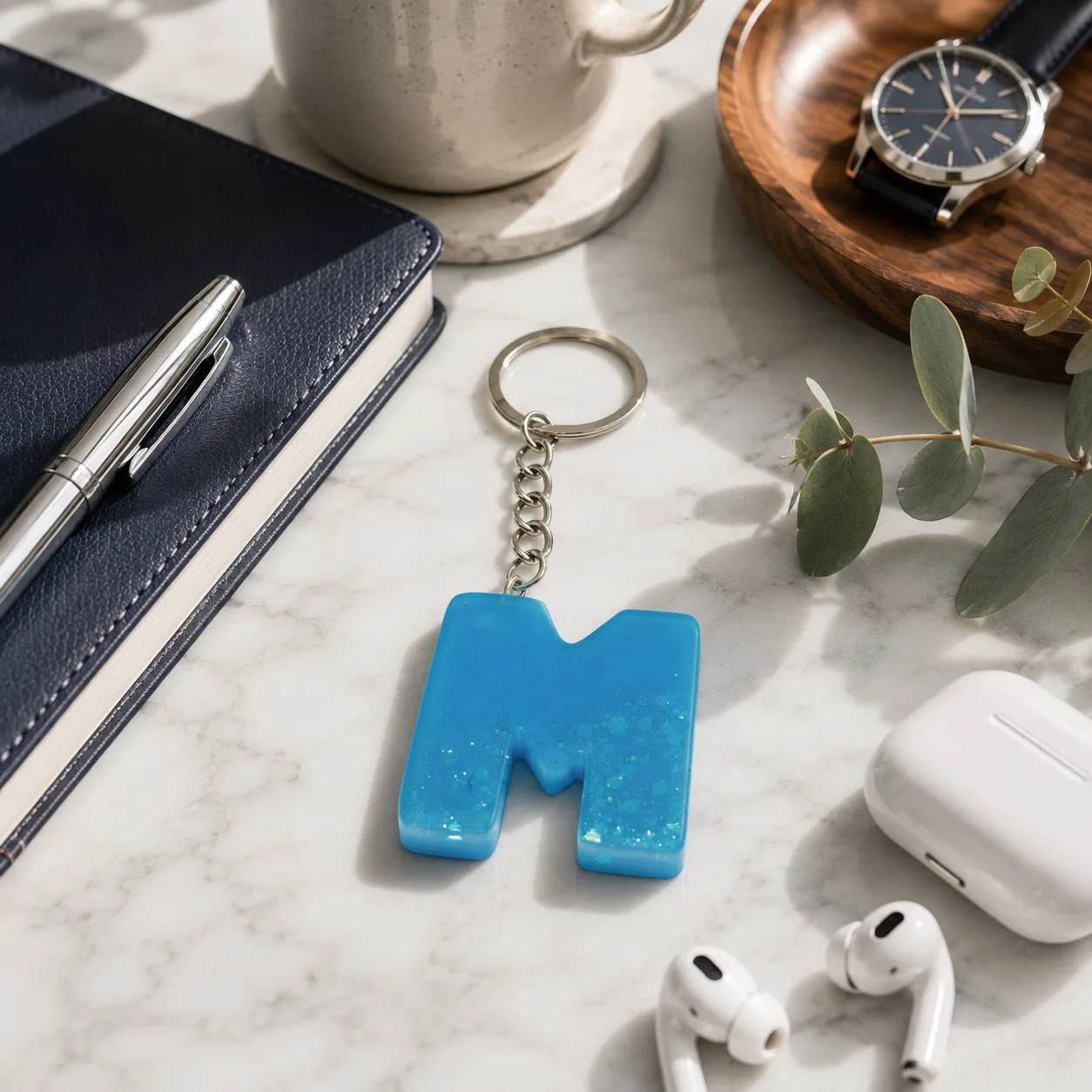 Handmade Blue Resin Letter "M" Initial Keychain with Glitter