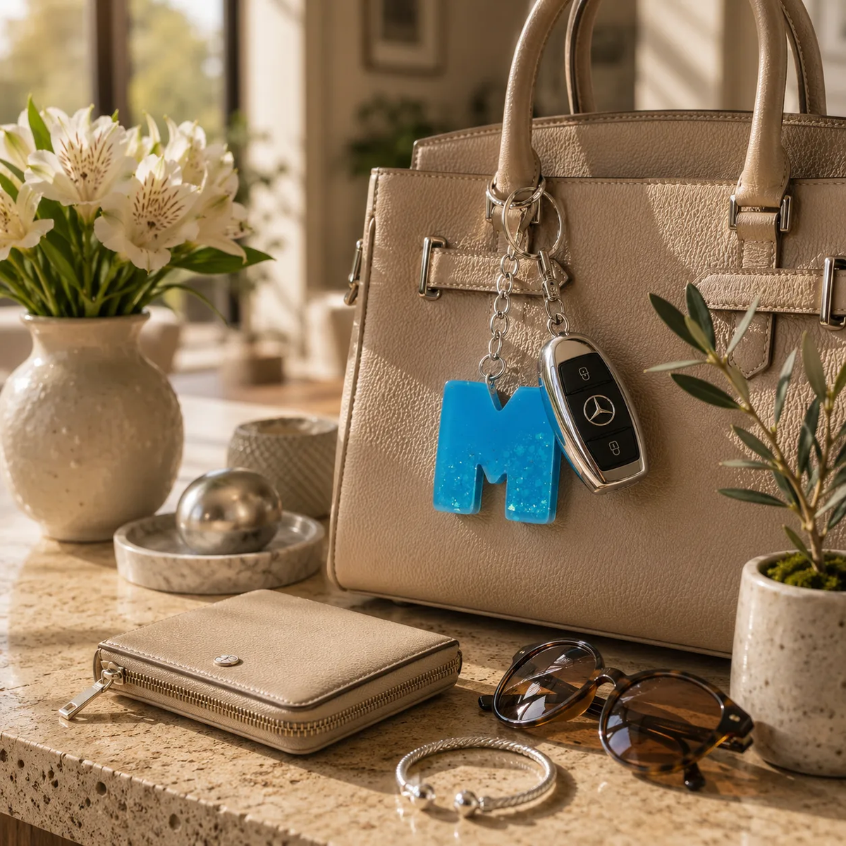 Handmade Blue Resin Letter "M" Initial Keychain with Glitter