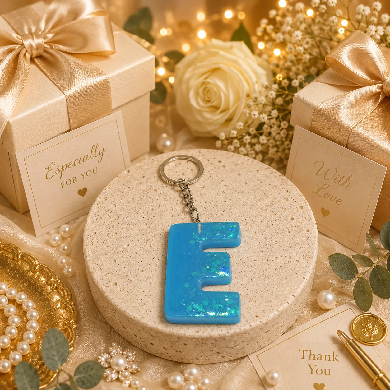 Handmade Blue Resin Letter "E" Initial Keychain with Glitter