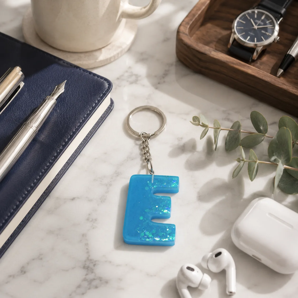 Handmade Blue Resin Letter "E" Initial Keychain with Glitter