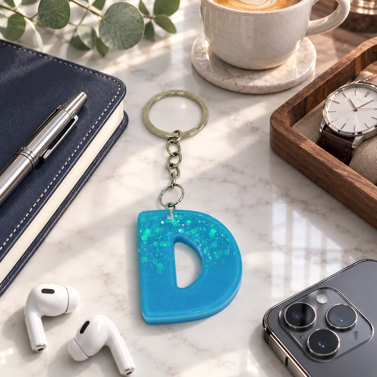 Handmade Blue Resin Letter "D" Initial Keychain with Glitter