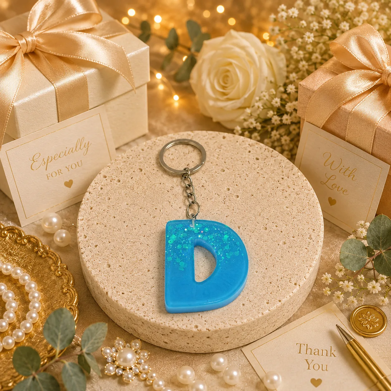 Handmade Blue Resin Letter "D" Initial Keychain with Glitter