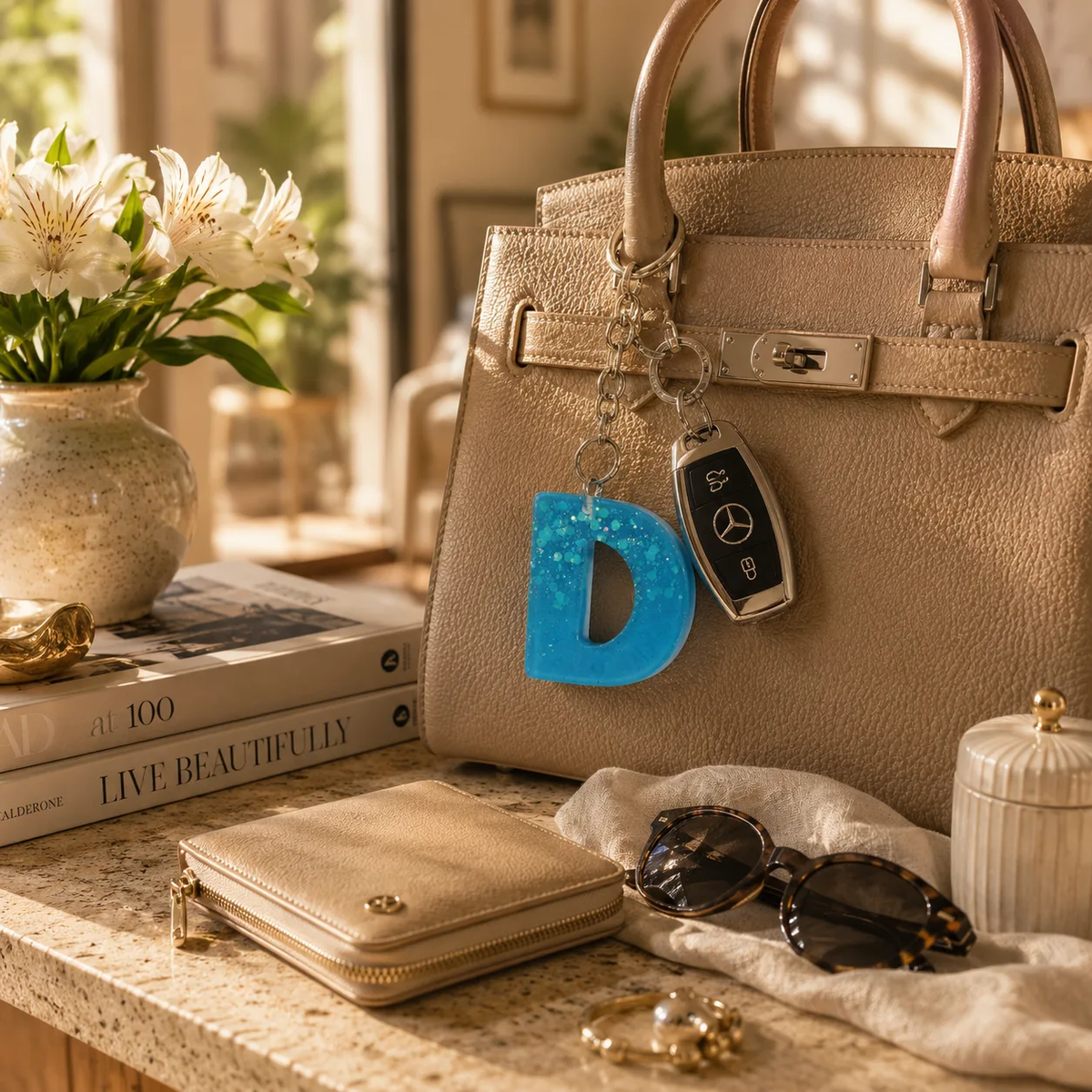 Handmade Blue Resin Letter "D" Initial Keychain with Glitter