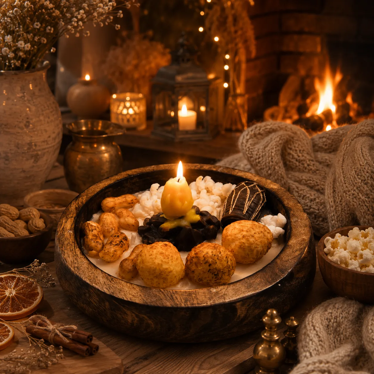 Handmade Lohri Bonfire Wooden Urli Soy Wax Scented Candle 1pcs
