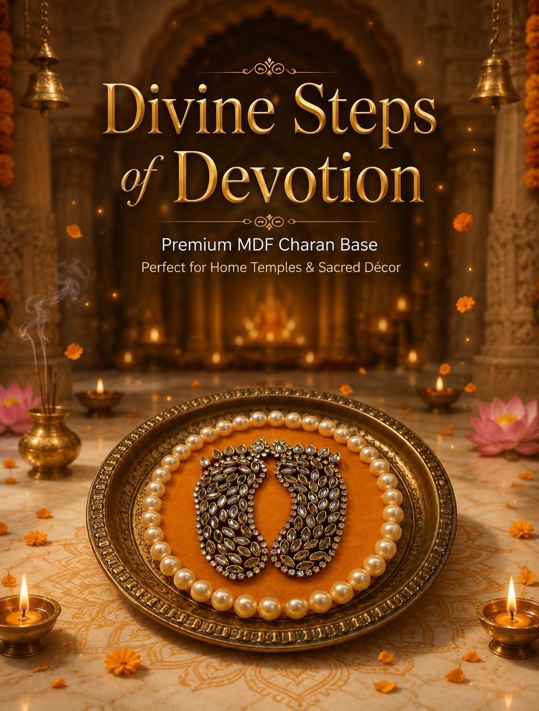 Handcrafted Shree Charan Paduka with Pearl Base – Decorative Puja & Spiritual Home Décor