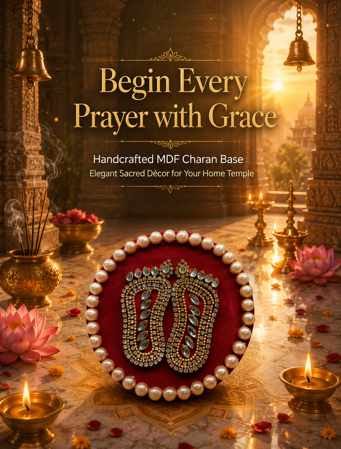 Handcrafted Shree Charan Paduka with Pearl Base – Decorative Puja & Spiritual Home Décor