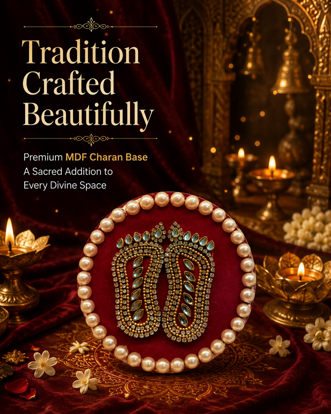 Handcrafted Shree Charan Paduka with Pearl Base – Decorative Puja & Spiritual Home Décor