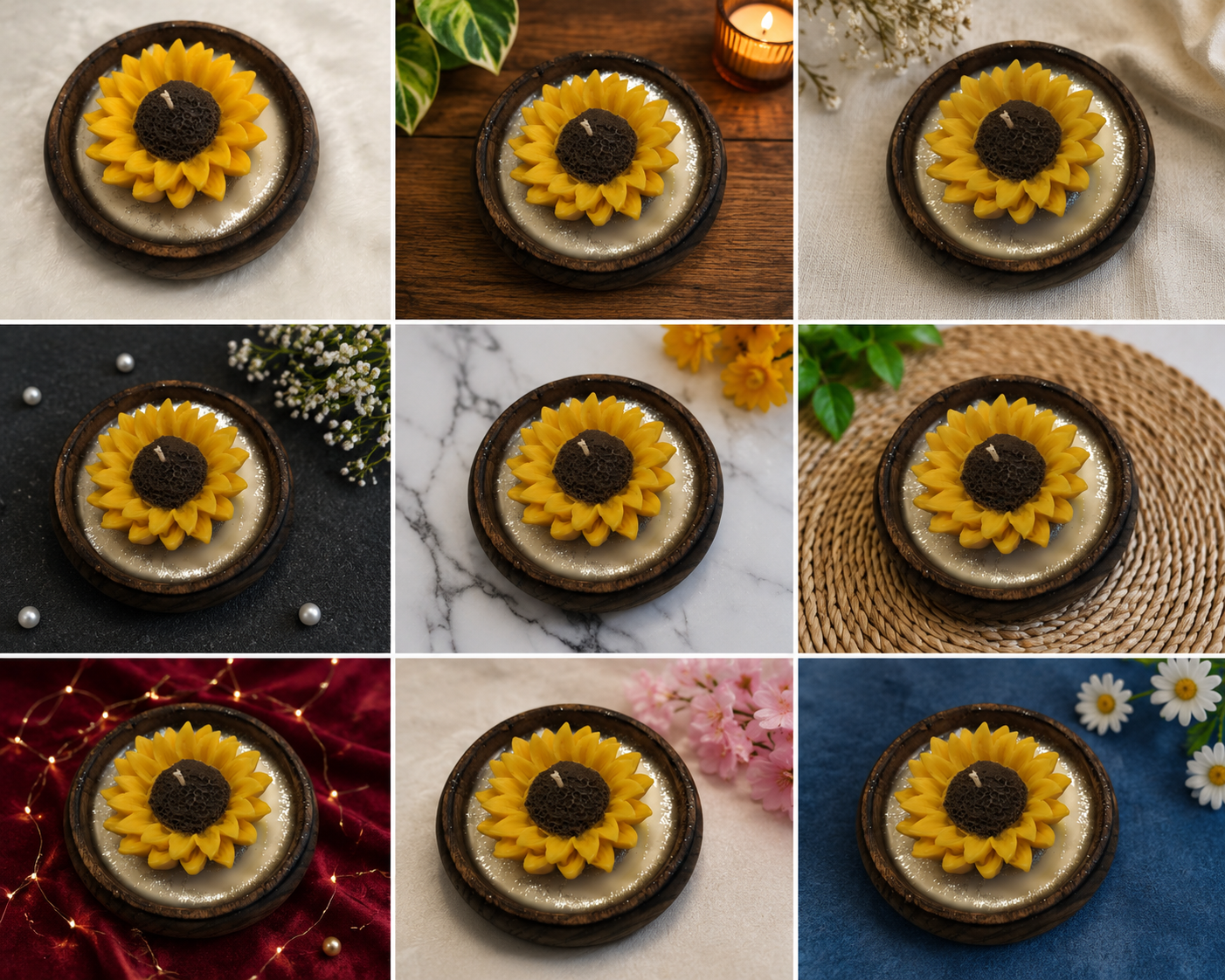 Sunflower Soy Wax Candle in Wooden Urli