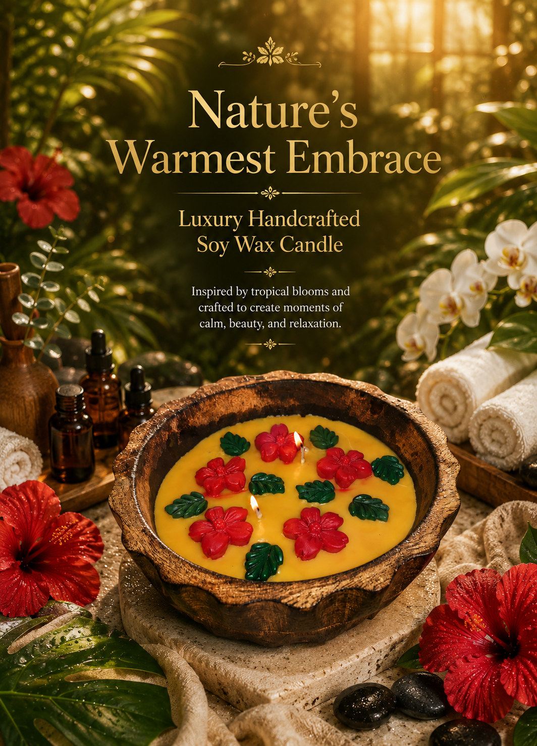 Hibiscus Bloom Soy Wax Candle in Rustic Wooden Urli