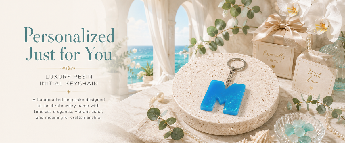 Handmade Blue Resin Letter "M" Initial Keychain with Glitter