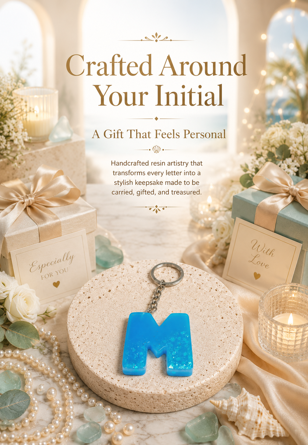 Handmade Blue Resin Letter "M" Initial Keychain with Glitter
