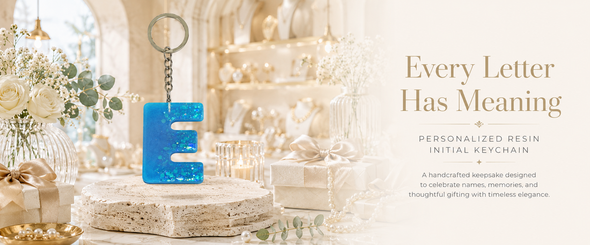 Handmade Blue Resin Letter "E" Initial Keychain with Glitter