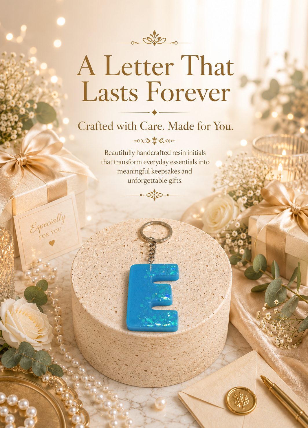 Handmade Blue Resin Letter "E" Initial Keychain with Glitter