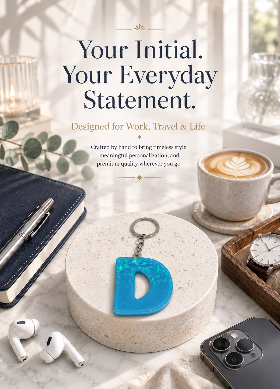 Handmade Blue Resin Letter "D" Initial Keychain with Glitter